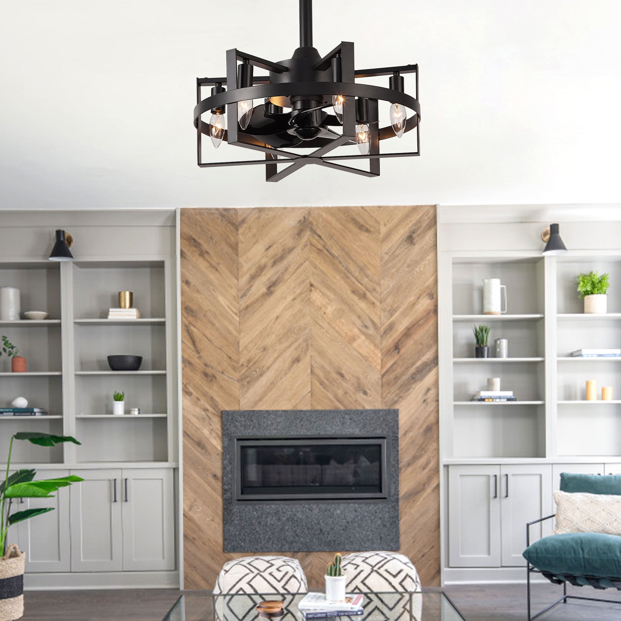 DC1816-BellaDepot 17.7" Black/Silver Industrial Caged Reversible Ceiling Fan with Remote and Lights, DC Motor Ceiling Fan