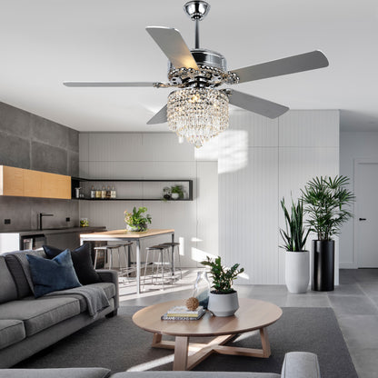 DC2017-52" 5 Wooden Blades Luxury Crystal Reversible Ceiling Fan with Remote and 3 Lights, Large Size Ceiling Fan