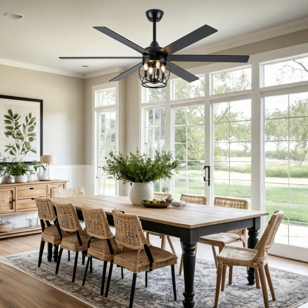 Industrial 60 Inch Caged Ceiling Fan with Light 6 Wood Blades Reversible Quiet DC Motor Ceiling Fan 3 Downrods with Remote Control Ceiling Fan Suit for Living Room, Bedroom