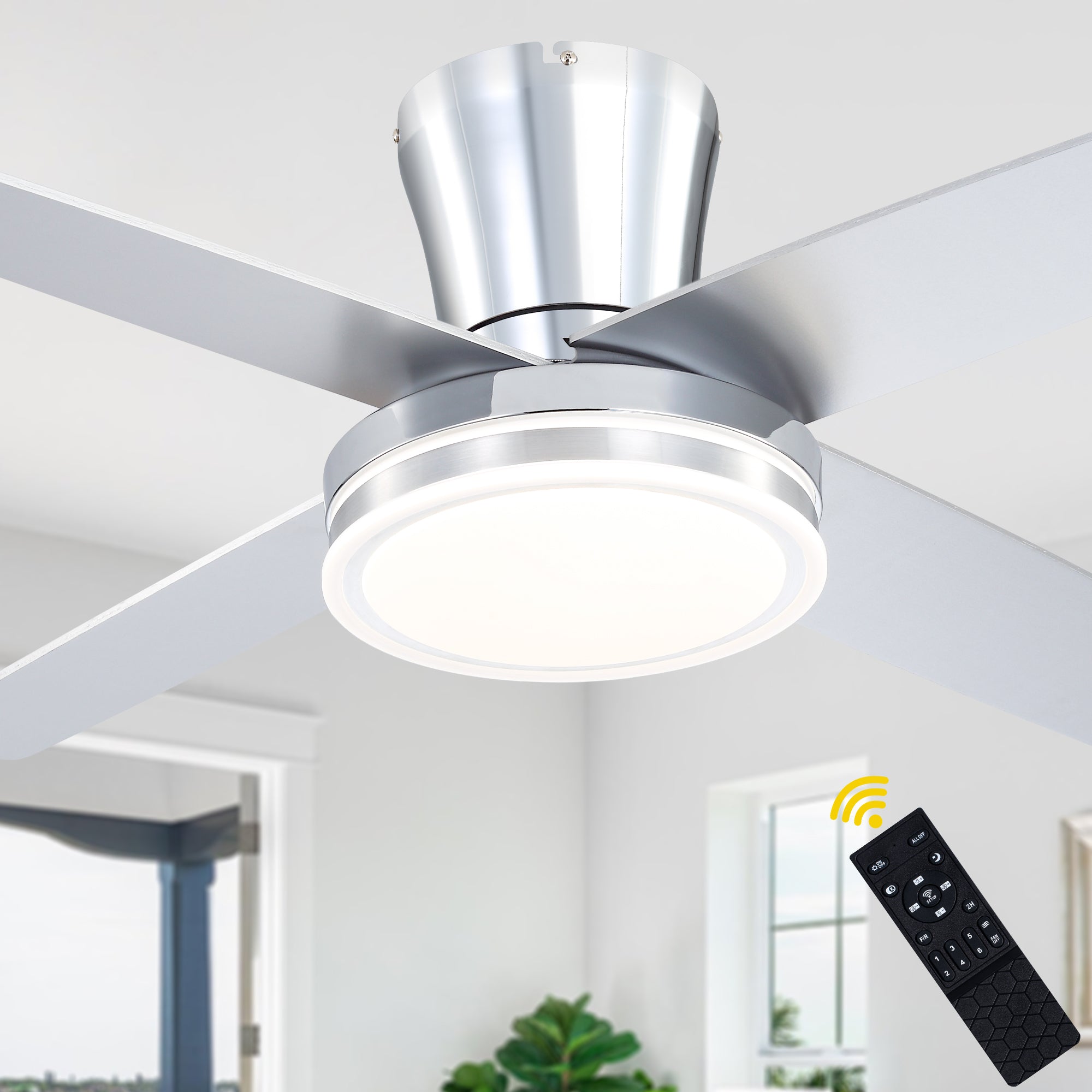 44 Inch Black/Chrome Modern Flush Mount Ceiling Fan with Dimmable LED Lights and Remote, 6 Speeds DC Motor Low Profile Ceiling Fan
