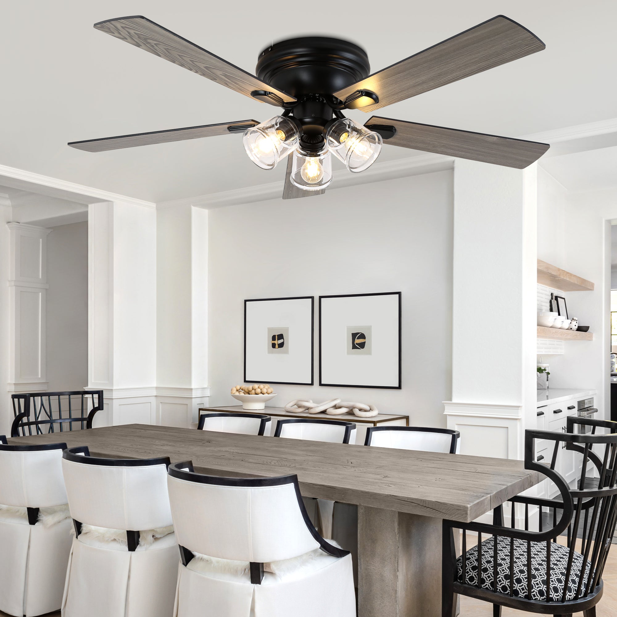 52/60 Inch Black Farmhouse Flush Mount Ceiling Fan with Lights and Remote Control, 6 Speeds DC Motor Low Profile Ceiling Fan with Glass Shade
