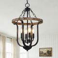4 - Light Farmhouse Solid Wood Chandelier, 14" Geometric Rustic Hanging Chandelier with Adjustable Chain, Foyer Wood Light Fixture