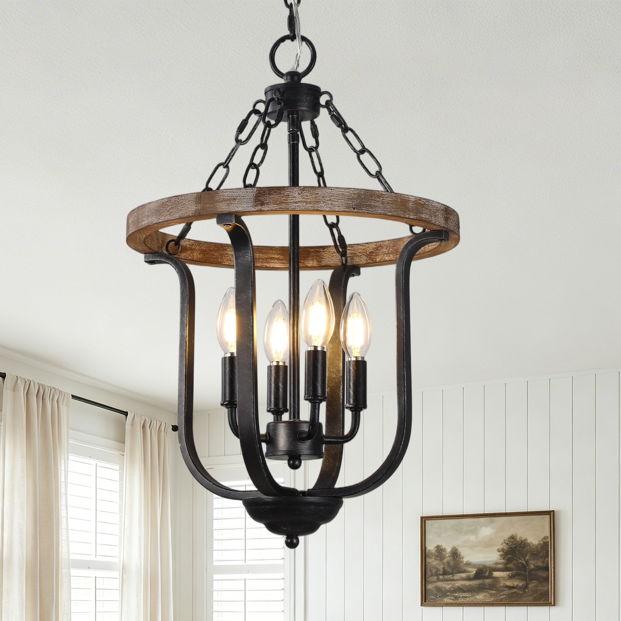 4 - Light Farmhouse Solid Wood Chandelier, 14" Geometric Rustic Hanging Chandelier with Adjustable Chain, Foyer Wood Light Fixture