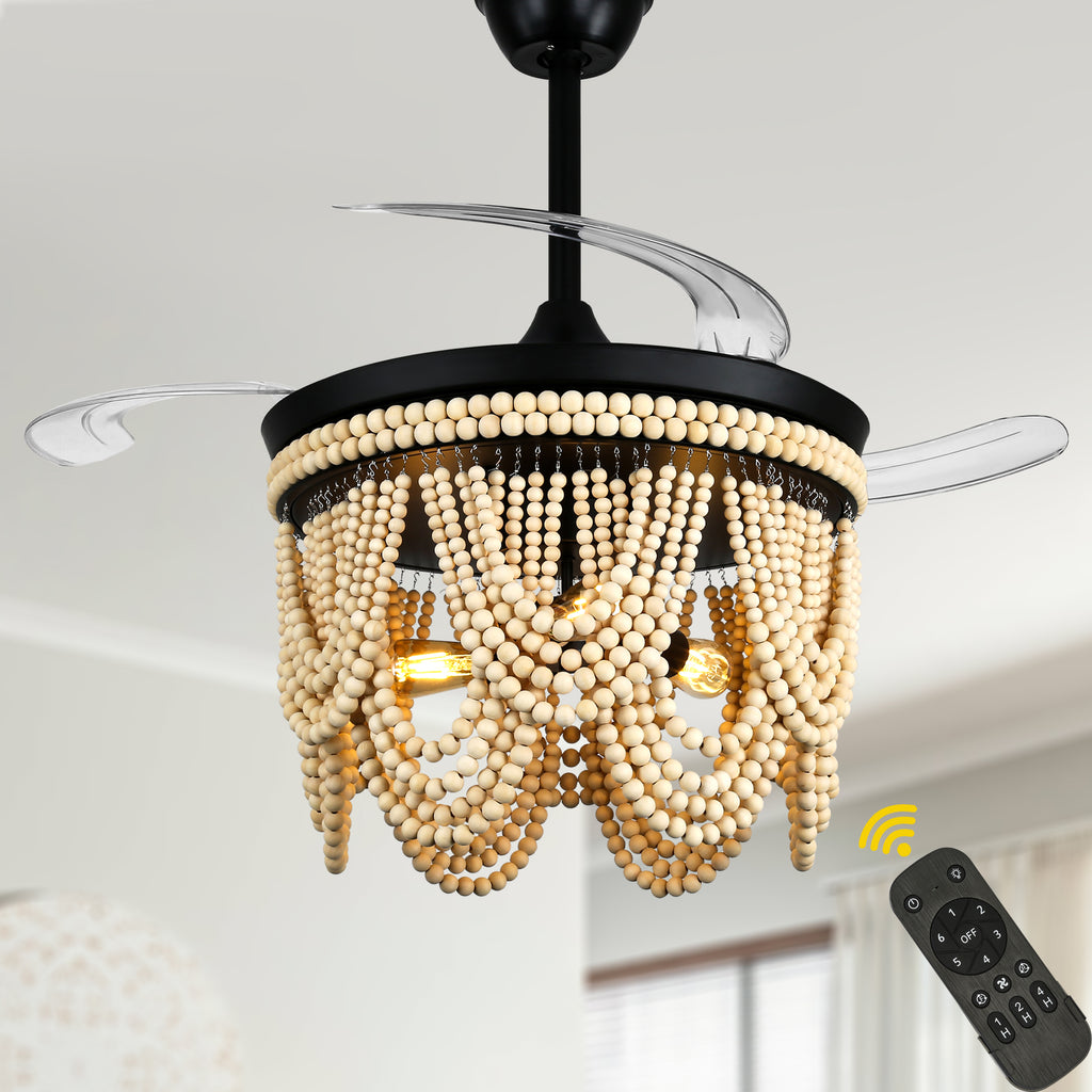 42 Inch Black/Gold/White Boho Retractable Ceiling Fan with Lights and Remote, 6 Speeds DC Motor Bladeless Ceiling Fan with Wood Beaded Shade