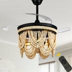 42 Inch Black/Gold/White Boho Retractable Ceiling Fan with Lights and Remote, 6 Speeds DC Motor Bladeless Ceiling Fan with Wood Beaded Shade