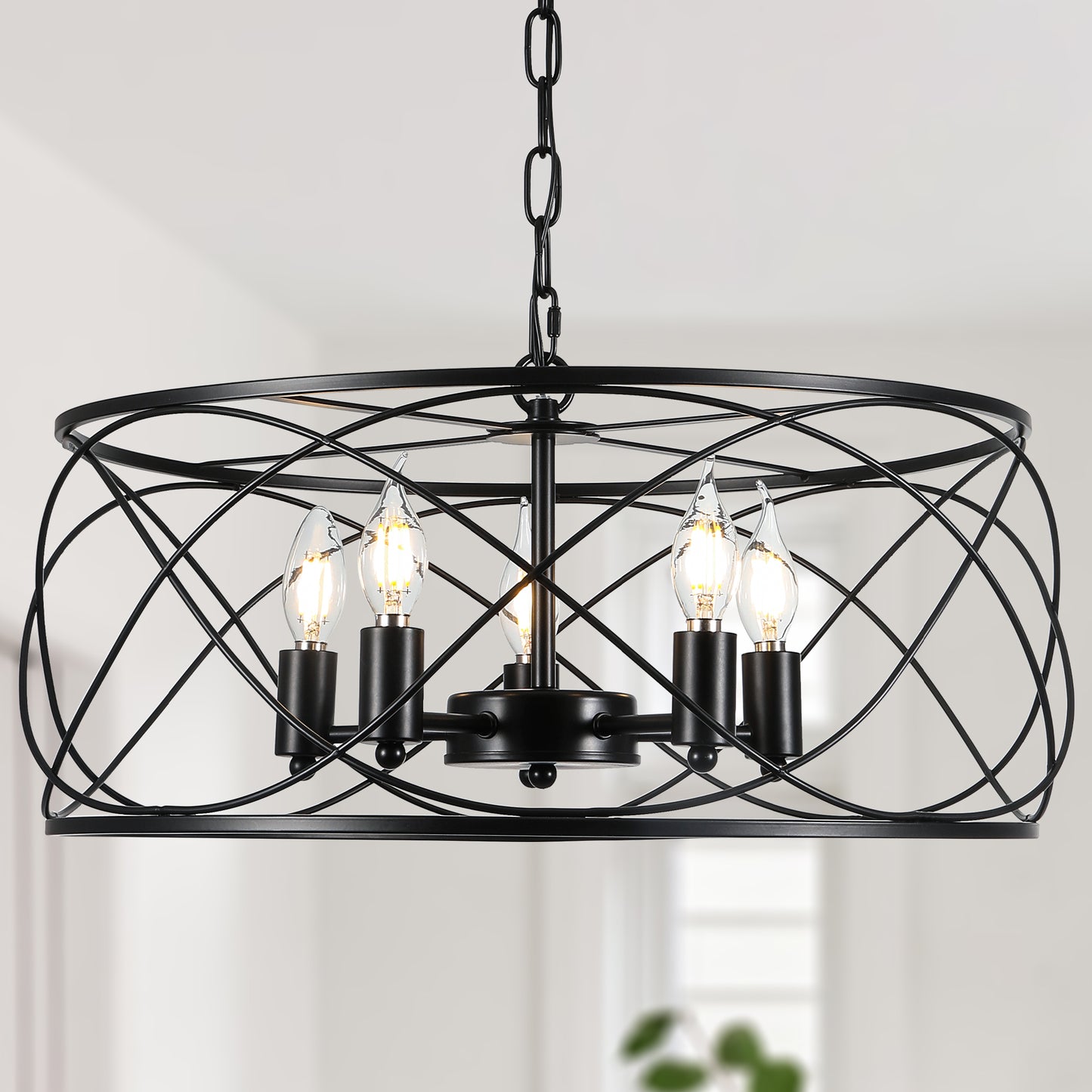 FC4076-Black/Silver Simple Linear Metal Caged Chandelier, Geometric Pendant Light, with Light Kit and Adjustable Chain