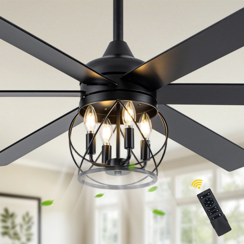 Industrial 60 Inch Caged Ceiling Fan with Light 6 Wood Blades Reversible Quiet DC Motor Ceiling Fan 3 Downrods with Remote Control Ceiling Fan Suit for Living Room, Bedroom