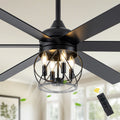 Industrial 60 Inch Caged Ceiling Fan with Light 6 Wood Blades Reversible Quiet DC Motor Ceiling Fan 3 Downrods with Remote Control Ceiling Fan Suit for Living Room, Bedroom