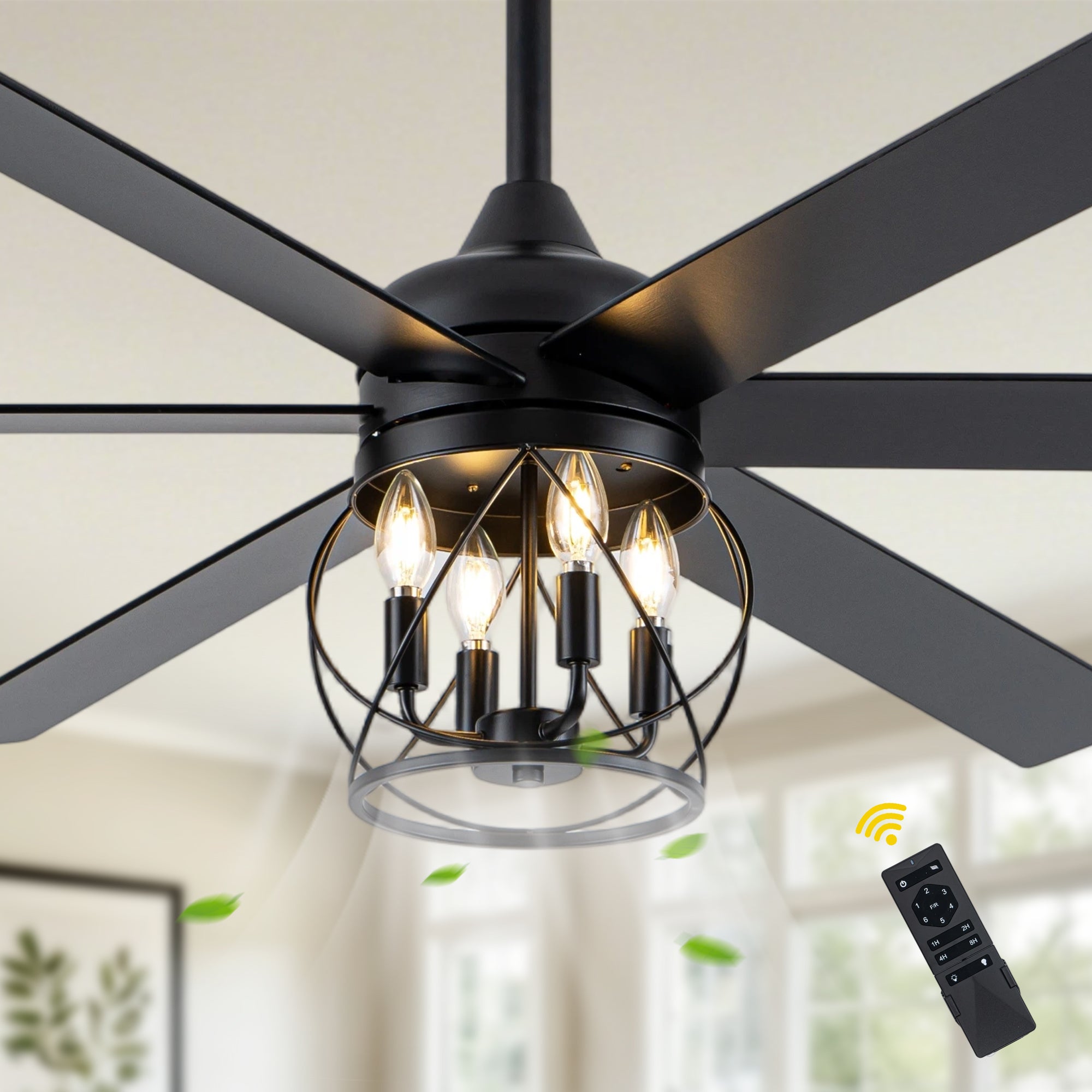 Industrial 60 Inch Caged Ceiling Fan with Light 6 Wood Blades Reversible Quiet DC Motor Ceiling Fan 3 Downrods with Remote Control Ceiling Fan Suit for Living Room, Bedroom