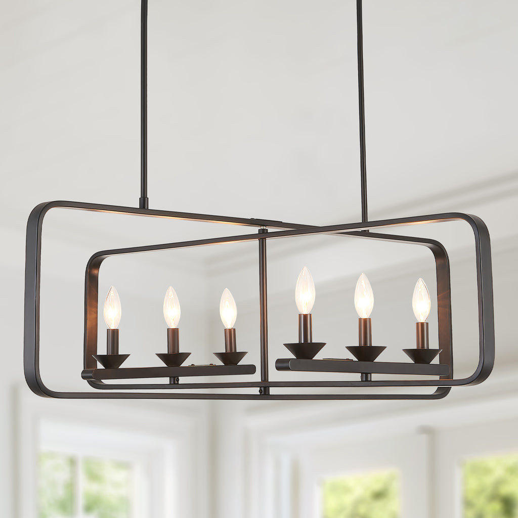 6 - Lights Rectangle Chandelier Dining Room Light Fixture Over Table, Modern Linear Kitchen Island Lighting with DIY Shape