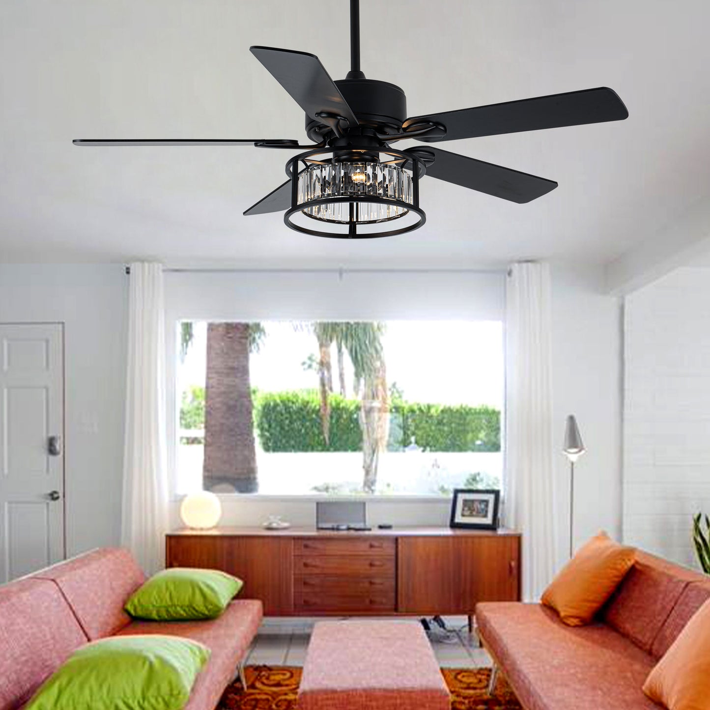 BD2067-52 Inch Luxury Crystal Caged Reversible Black Color Ceiling Fan with Remote and Lights DC Motor 6 Speeds