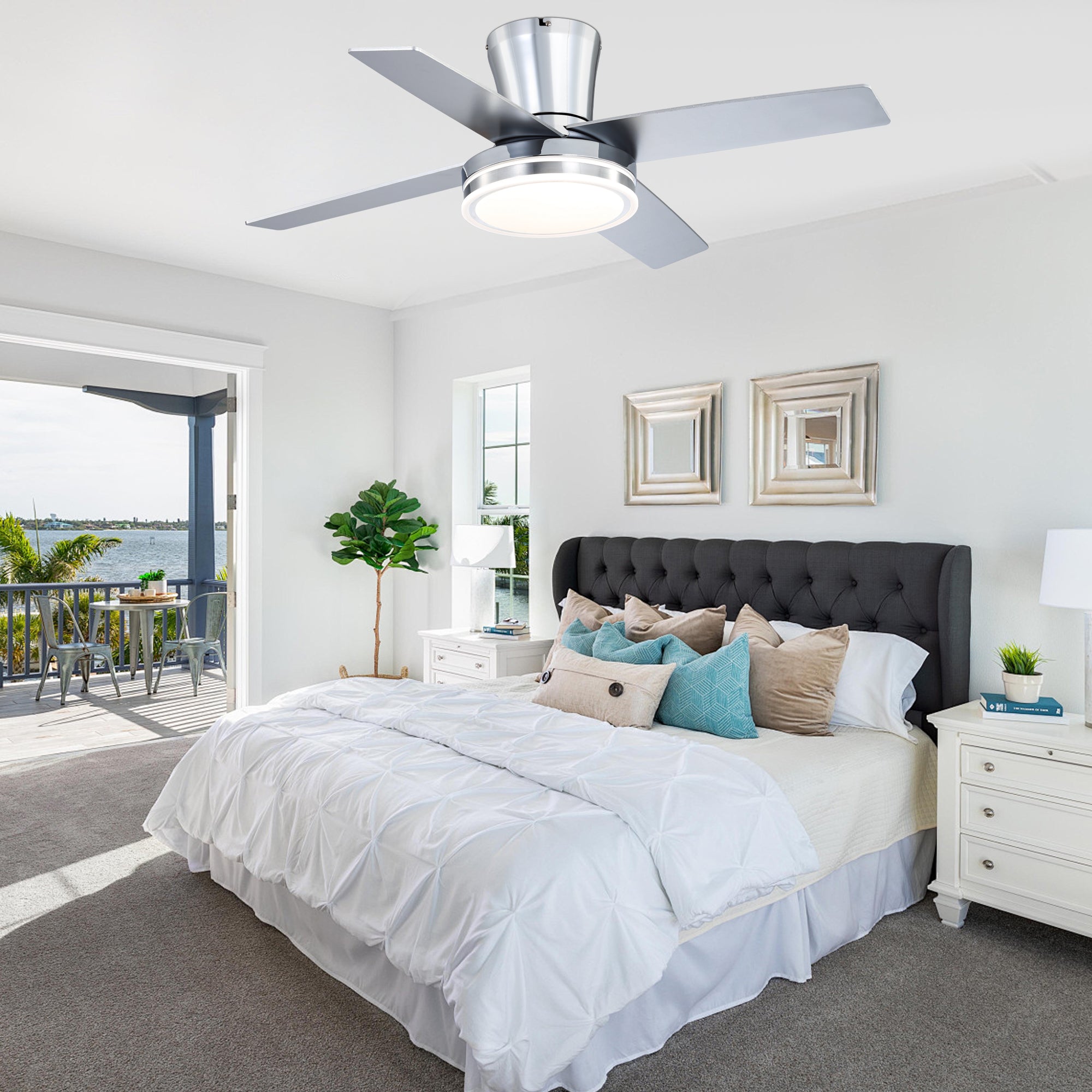 44 Inch Black/Chrome Modern Flush Mount Ceiling Fan with Dimmable LED Lights and Remote, 6 Speeds DC Motor Low Profile Ceiling Fan