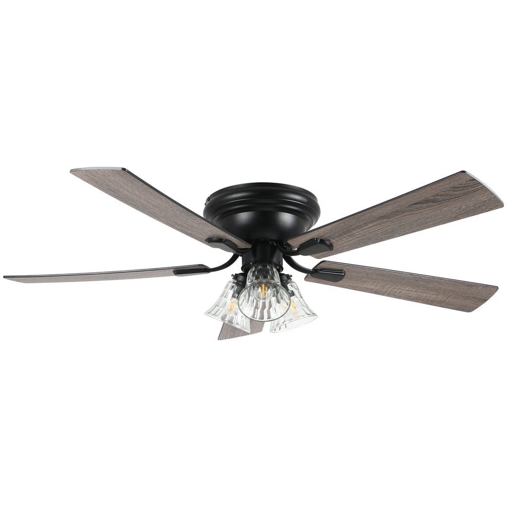 52/60 Inch Black Farmhouse Flush Mount Ceiling Fan with Lights and Remote Control, 6 Speeds DC Motor Low Profile Ceiling Fan with Glass Shade