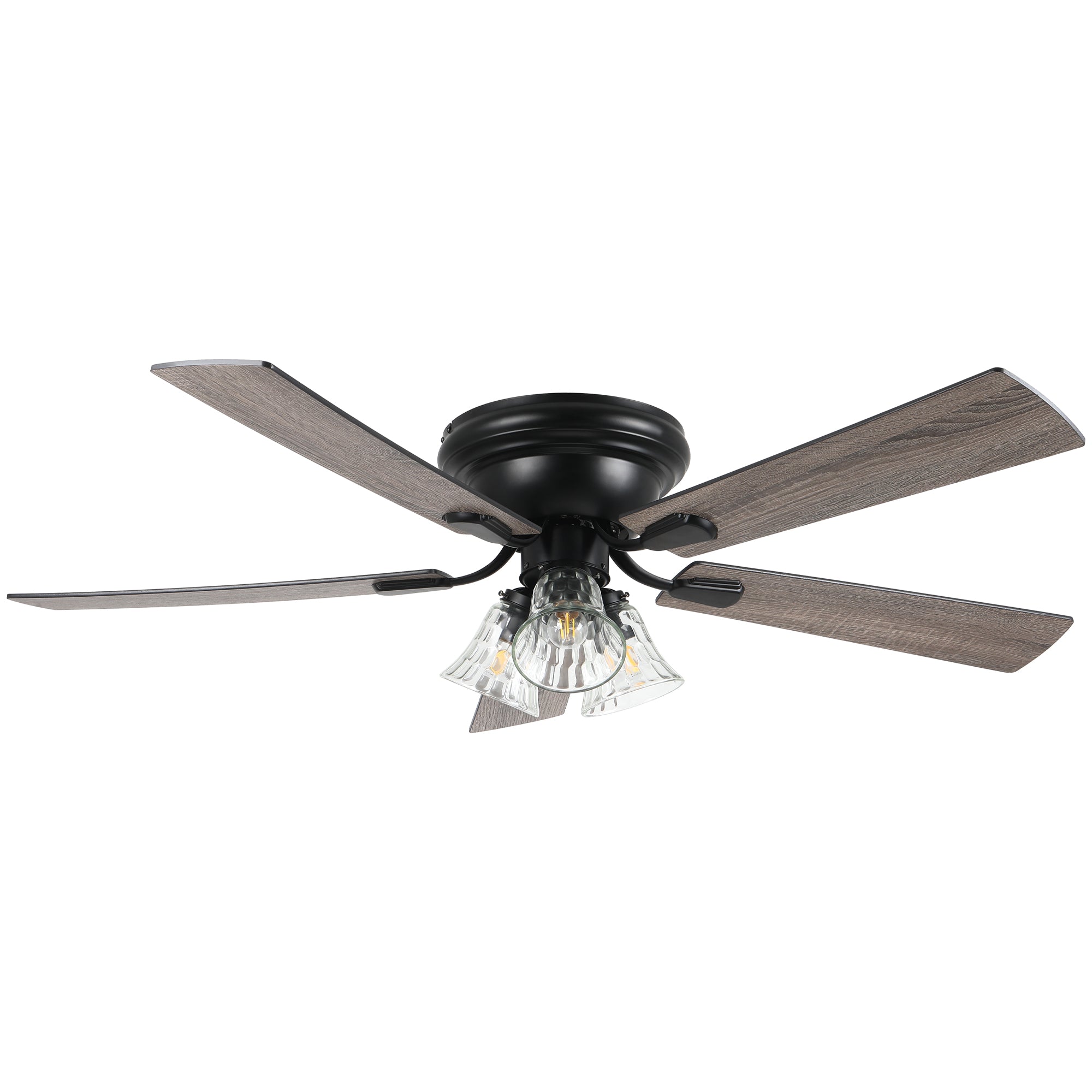 52/60 Inch Black Farmhouse Flush Mount Ceiling Fan with Lights and Remote Control, 6 Speeds DC Motor Low Profile Ceiling Fan with Glass Shade