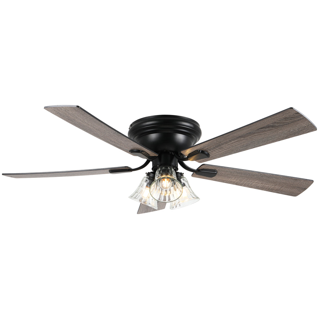 52/60 Inch Black Farmhouse Flush Mount Ceiling Fan with Lights and Remote Control, 6 Speeds DC Motor Low Profile Ceiling Fan with Glass Shade