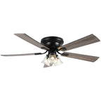 52/60 Inch Black Farmhouse Flush Mount Ceiling Fan with Lights and Remote Control, 6 Speeds DC Motor Low Profile Ceiling Fan with Glass Shade