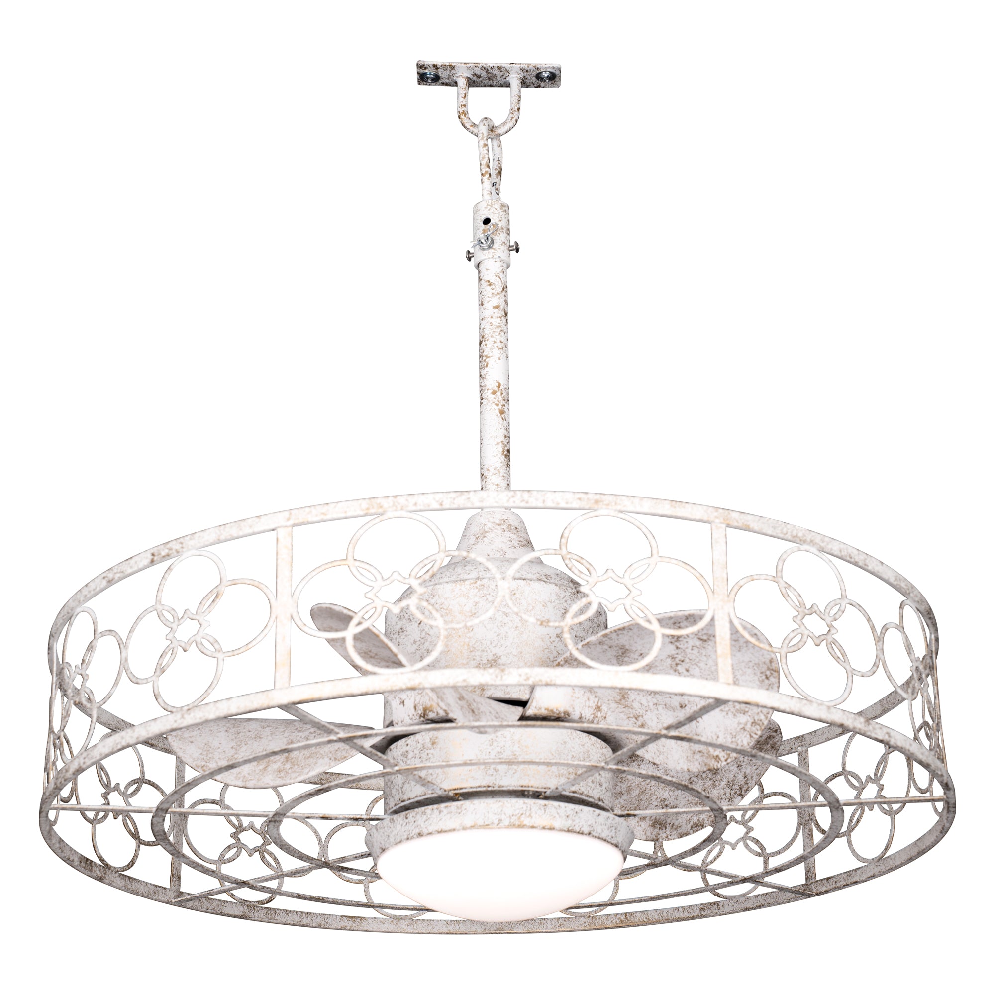 24 Inch Distressed White Outdoor Caged Ceiling Fan with LED Lights and Remote, 6 Speeds DC Motor Farmhouse Fandelier  Waterproof Ceiling Fan