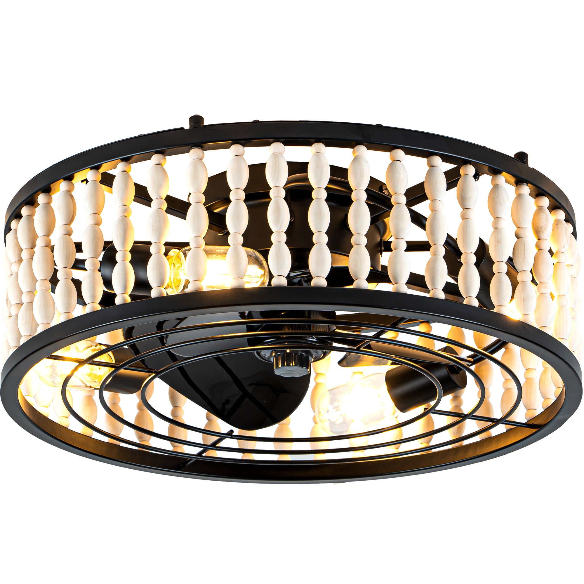 19 Inch Black Farmhouse Flush Mount Ceiling Fan with Lights and Remote Control, 6 Speeds DC Motor Bladeless Ceiling Fan for Bedroom