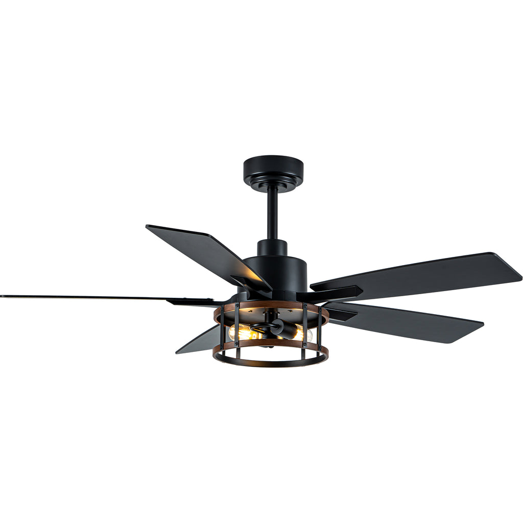 52 Inch Black Farmhouse Ceiling Fan with Lights and Remote Control,6 Speeds Dual-Finish Blades Caged Ceiling Fan