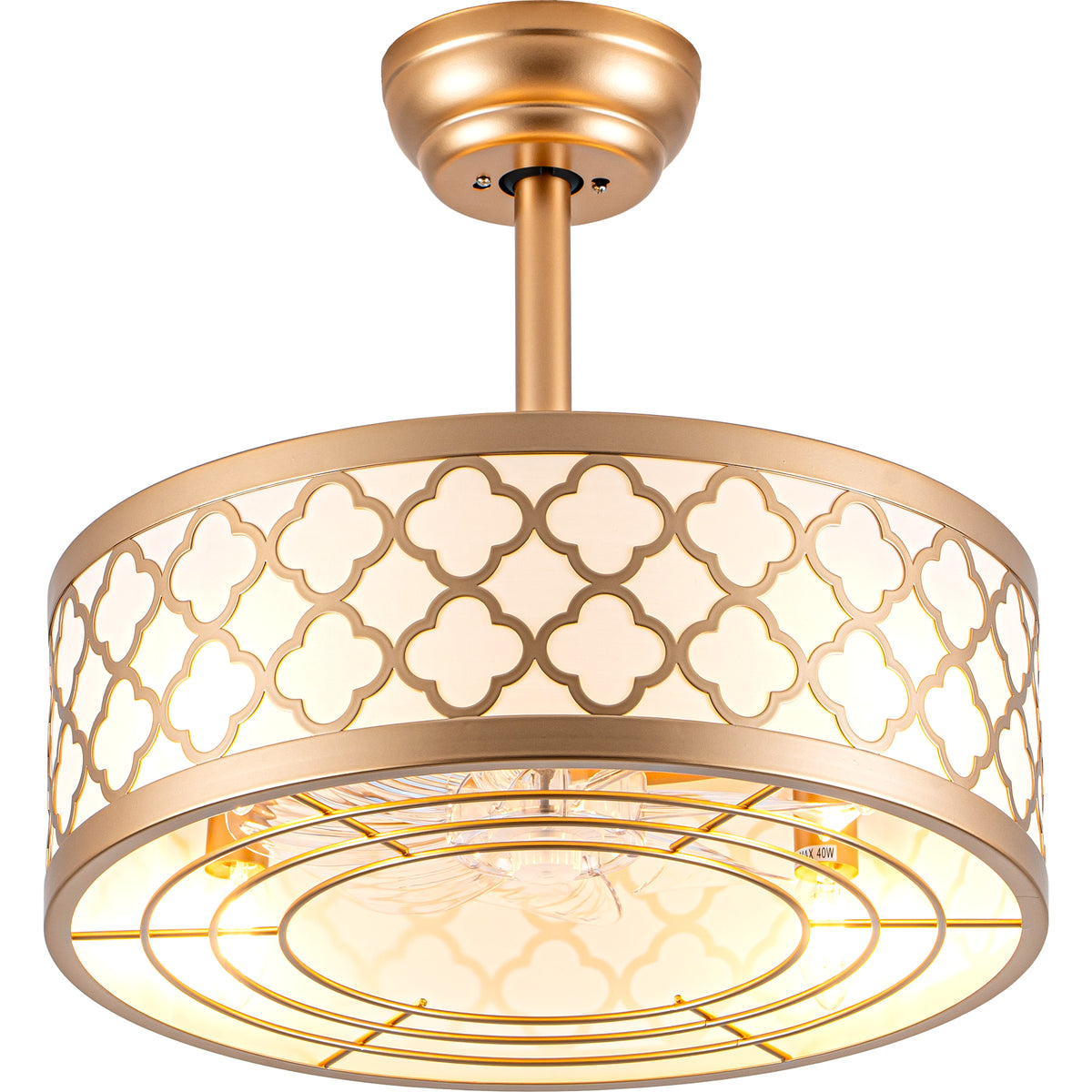 18 Inch Gold Drum Caged Ceiling Fan with Lights and Remote, 6 Speeds DC Motor Reversible Bladeless Fandelier Ceiling Fan