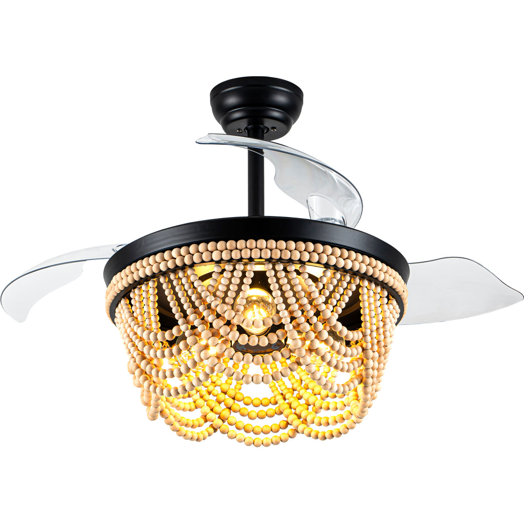 42 Inch Black Boho Retractable Ceiling Fan with Lights and Remote, 6 Speeds DC Motor Bladeless Fandelier Ceiling Fan with Wood Beaded Shade