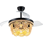 42 Inch Black Boho Retractable Ceiling Fan with Lights and Remote, 6 Speeds DC Motor Bladeless Fandelier Ceiling Fan with Wood Beaded Shade
