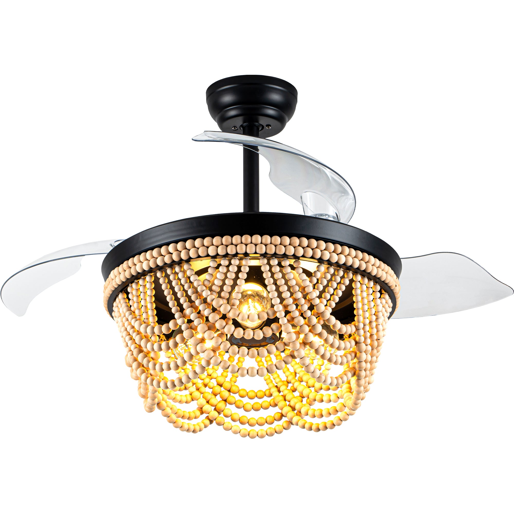 42 Inch Black Boho Retractable Ceiling Fan with Lights and Remote, 6 Speeds DC Motor Bladeless Fandelier Ceiling Fan with Wood Beaded Shade