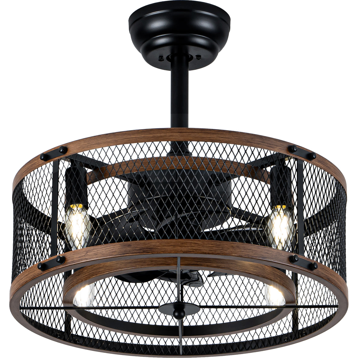 20 Inch Farmhouse Industrial Cage Ceiling Fan with Light and Remote, 6-Speed Reversible DC Motor Fandelier Bladeless Ceiling Fan