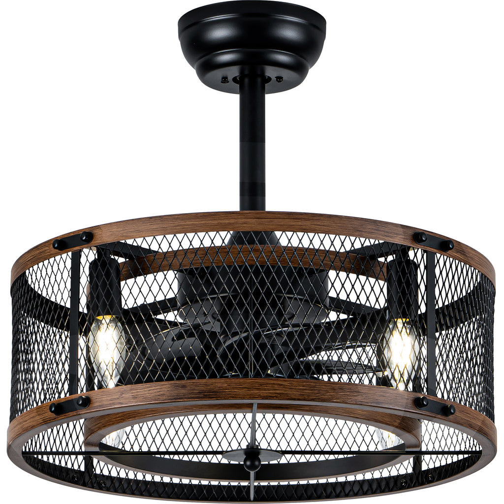 20 Inch Farmhouse Industrial Cage Ceiling Fan with Light and Remote, 6-Speed Reversible DC Motor Fandelier Bladeless Ceiling Fan