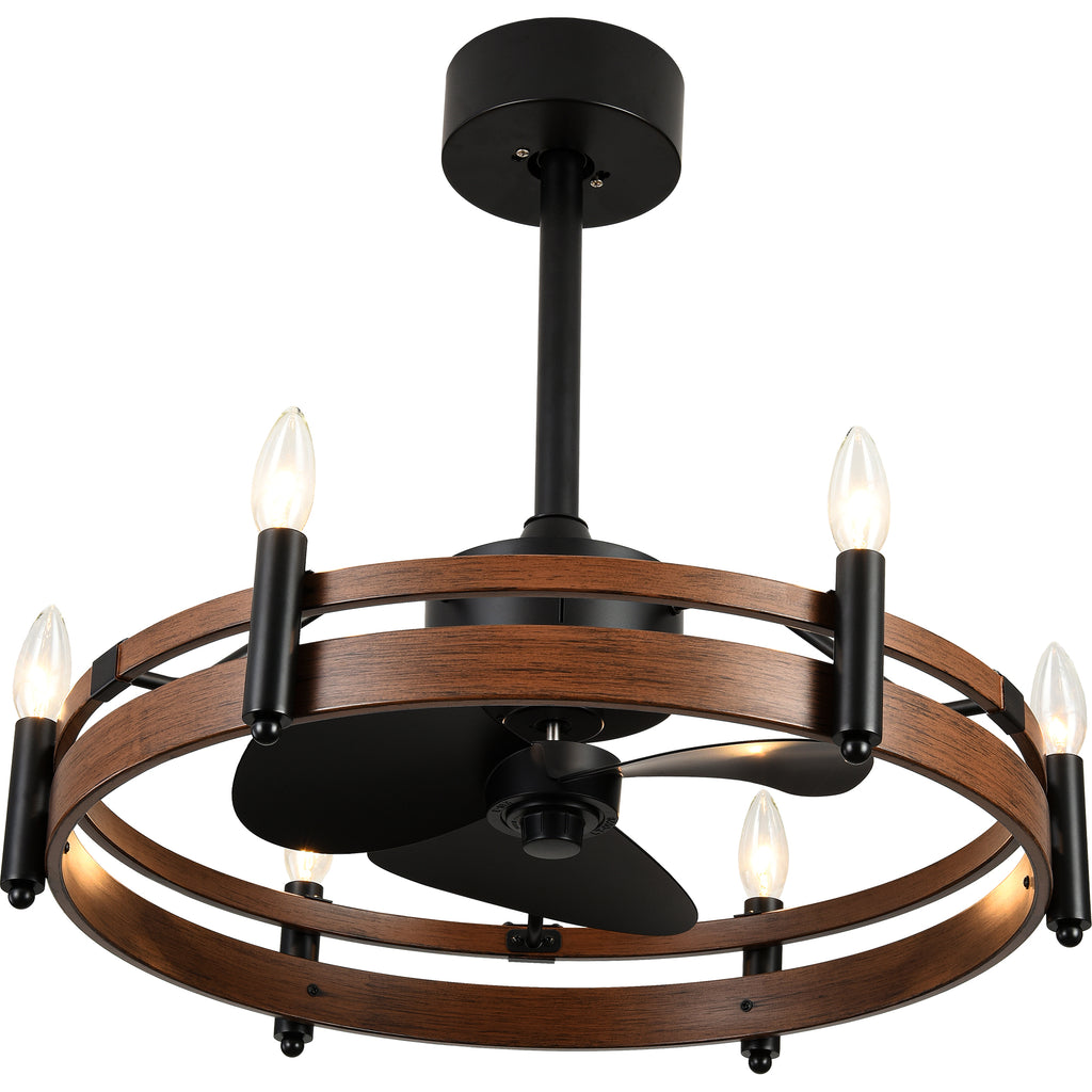 24 Inch Black Farmhouse Wagon Wheel Ceiling Fan with Lights and Remote, 6 Speeds DC Motor Reversible Bladeless Fandelier Ceiling Fan