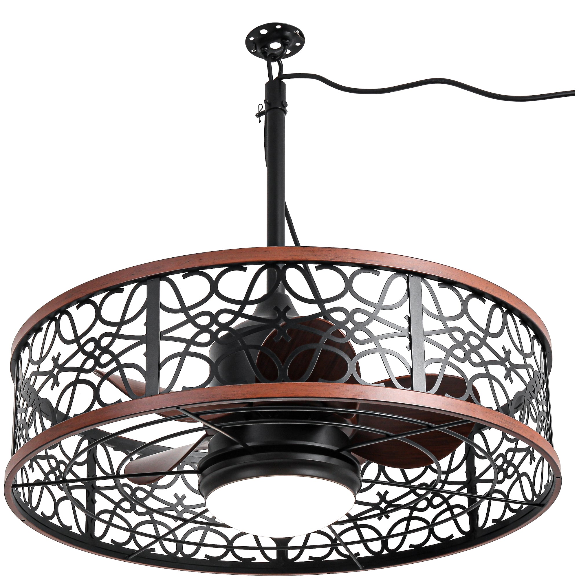 24 Inch Farmhouse Outdoor Waterproof Ceiling Fan with LED Light and Remote, 6 Speeds Black Plug In Caged Outdoor Fan Light