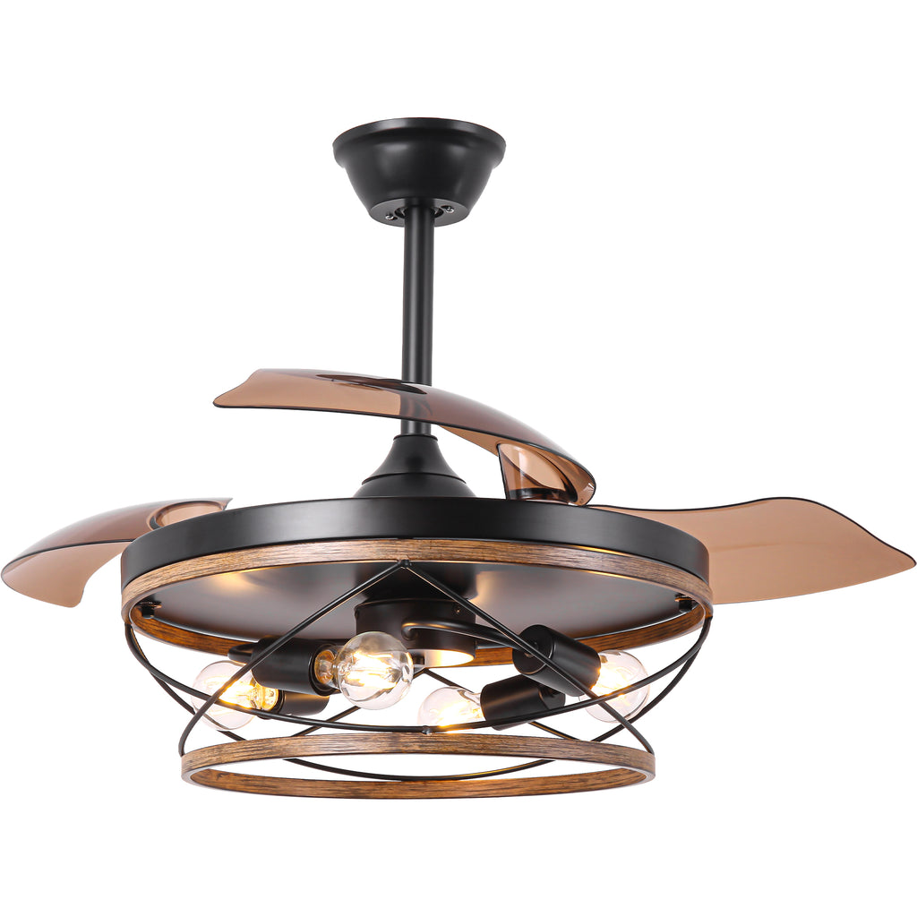 42 Inch Farmhouse Retractable Ceiling Fan with Lights and Remote Control, 6 Speeds Reversible Bladeless Ceiling Fan for Bedroom