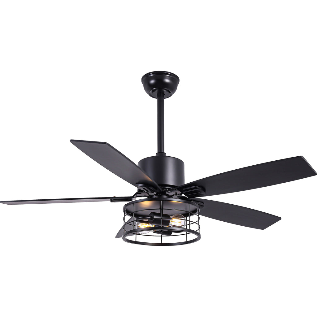 46 Inch 5-Blade Black Industrial Ceiling Fan with Lights and Remote Control, 6 Speeds DC Motor Caged Ceiling Fan for Living Room