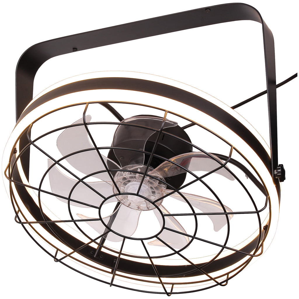 23 Inch Black Modern Wall Mounted Caged Ceiling Fan with Dimmable LED Lights and Remote, 6 Speeds Plug In Bladeless Ceiling Fan
