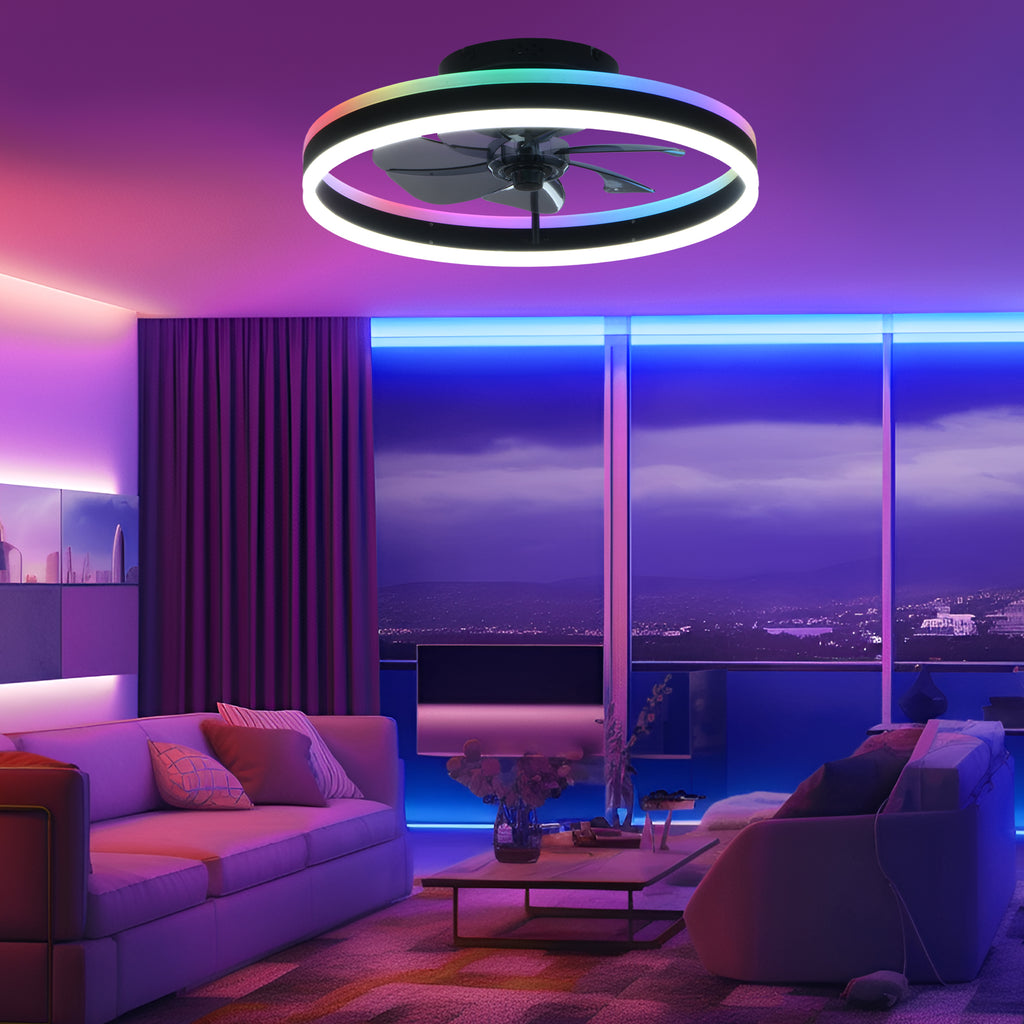 20 Inch Modern Smart Flush Mount Ceiling Fan with Dimmable LED Light and Remote, 6 Speeds DC Motor Reversible Bladeless Celing Fan for Bedroom