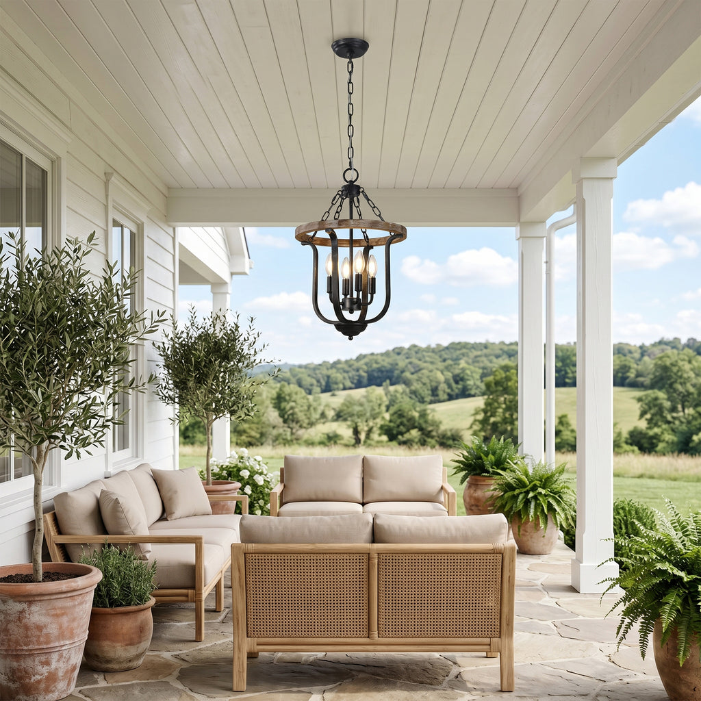 4 - Light Farmhouse Solid Wood Chandelier, 14" Geometric Rustic Hanging Chandelier with Adjustable Chain, Foyer Wood Light Fixture