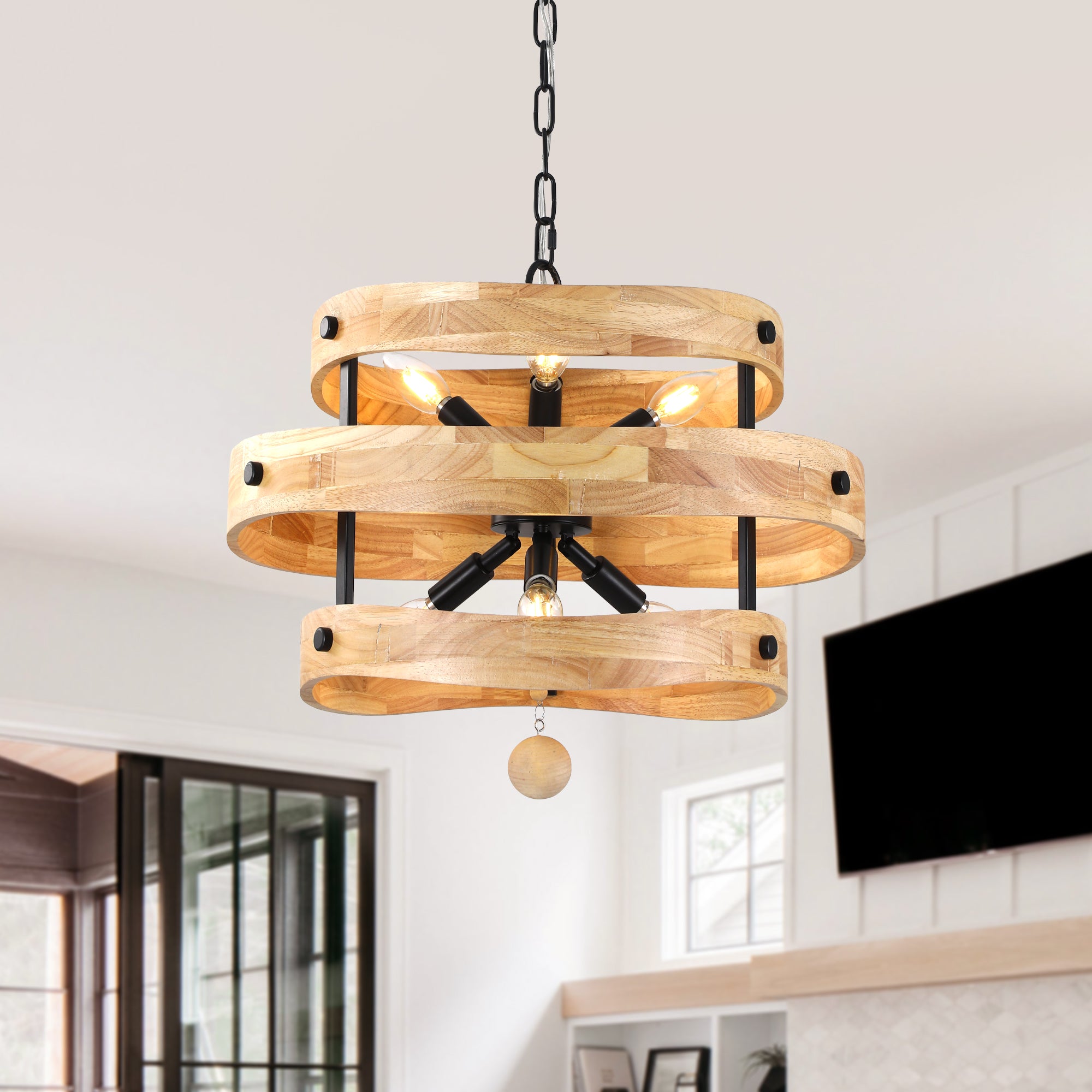 6-Light Farmhouse Weathered Wood Chandelier, 20" 3-Tiered Wooden Chandelier, Rustic Pendant Light for Dining Room