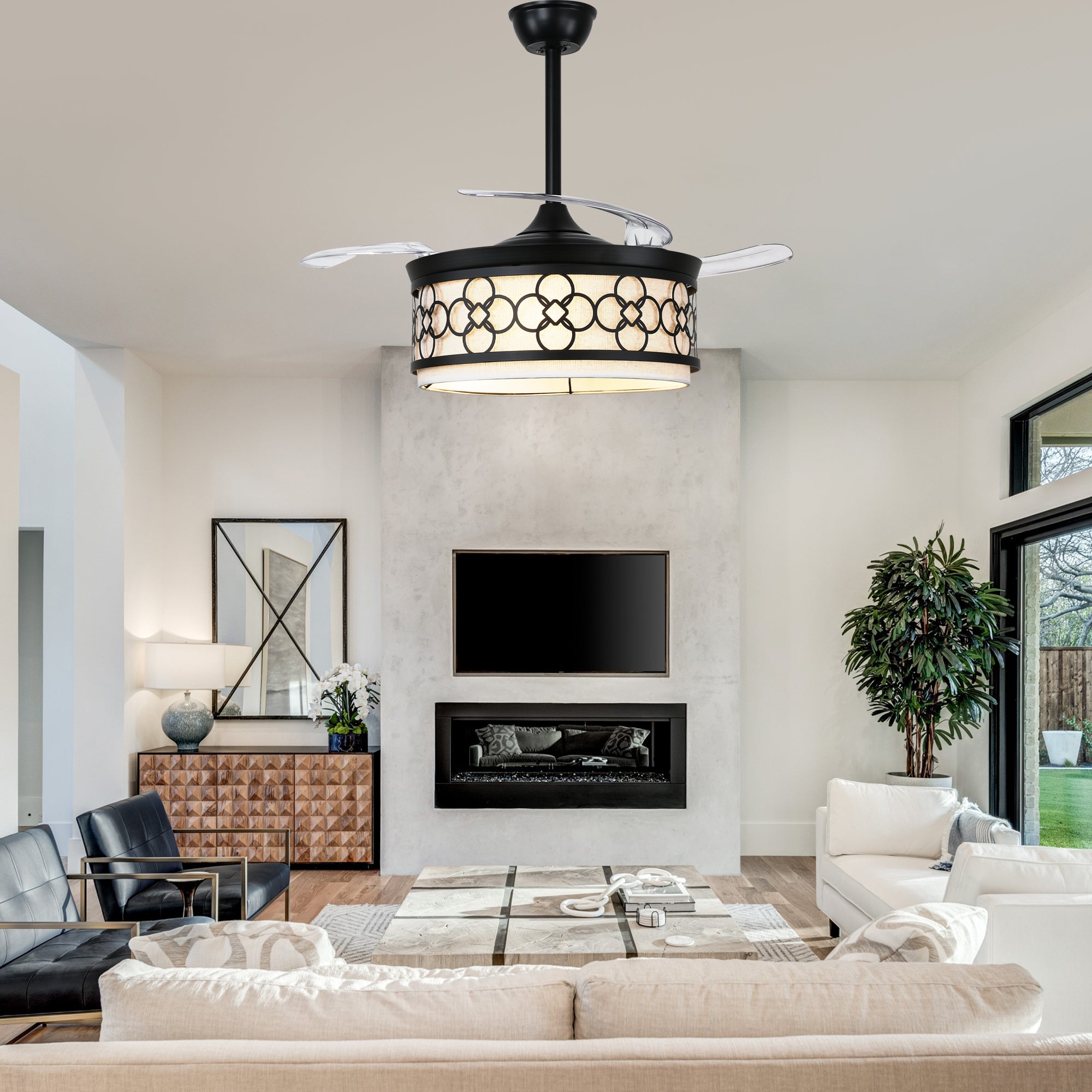 42 Inch Black Retractable Ceiling Fan with Lights and Remote, 6 Speeds DC Motor Farmhouse Black Bladeless Ceiling Fan for Bedroom