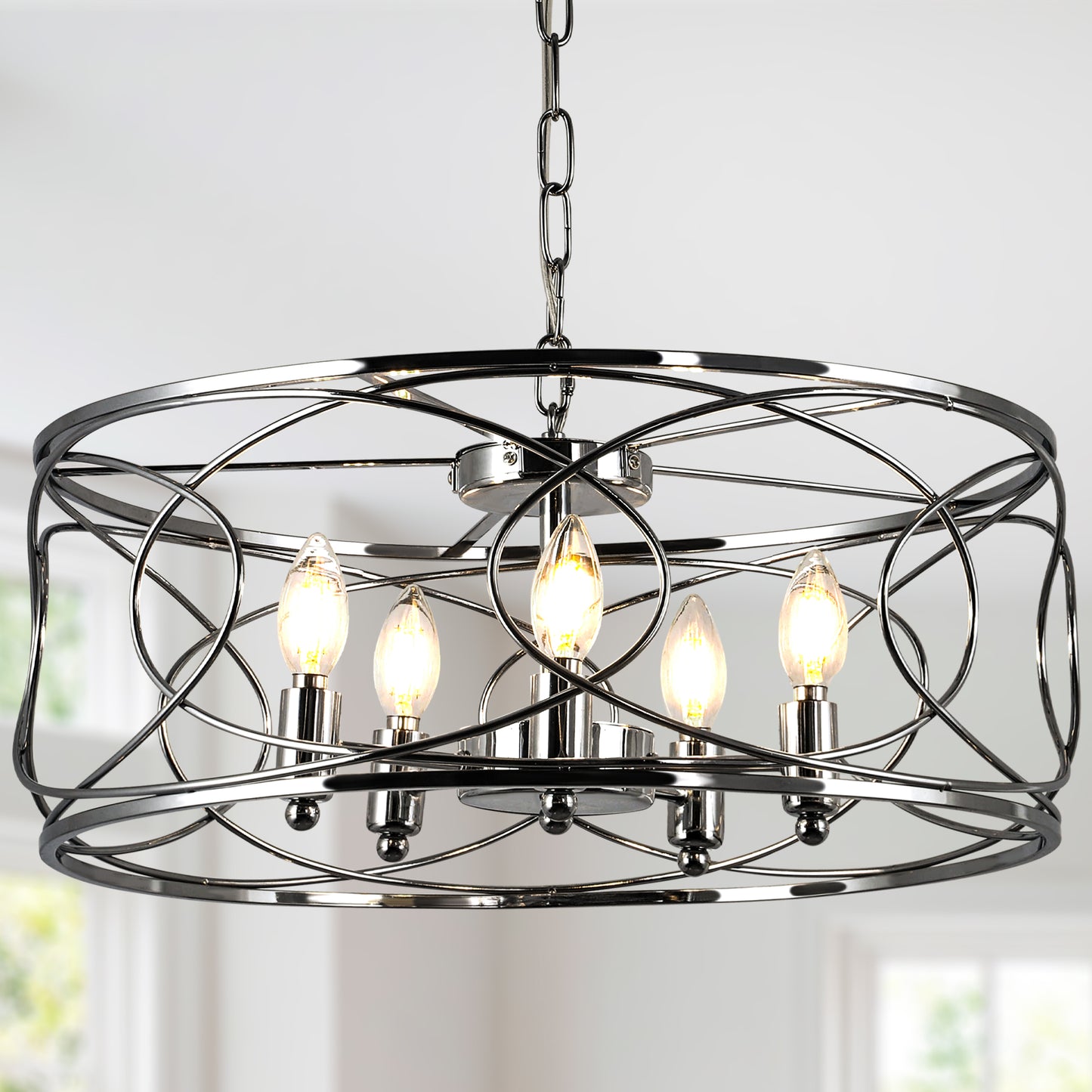 FC4078-Black/Silver Simple Linear Metal Caged Chandelier, Geometric Pendant Light, with Light Kit and Adjustable Chain