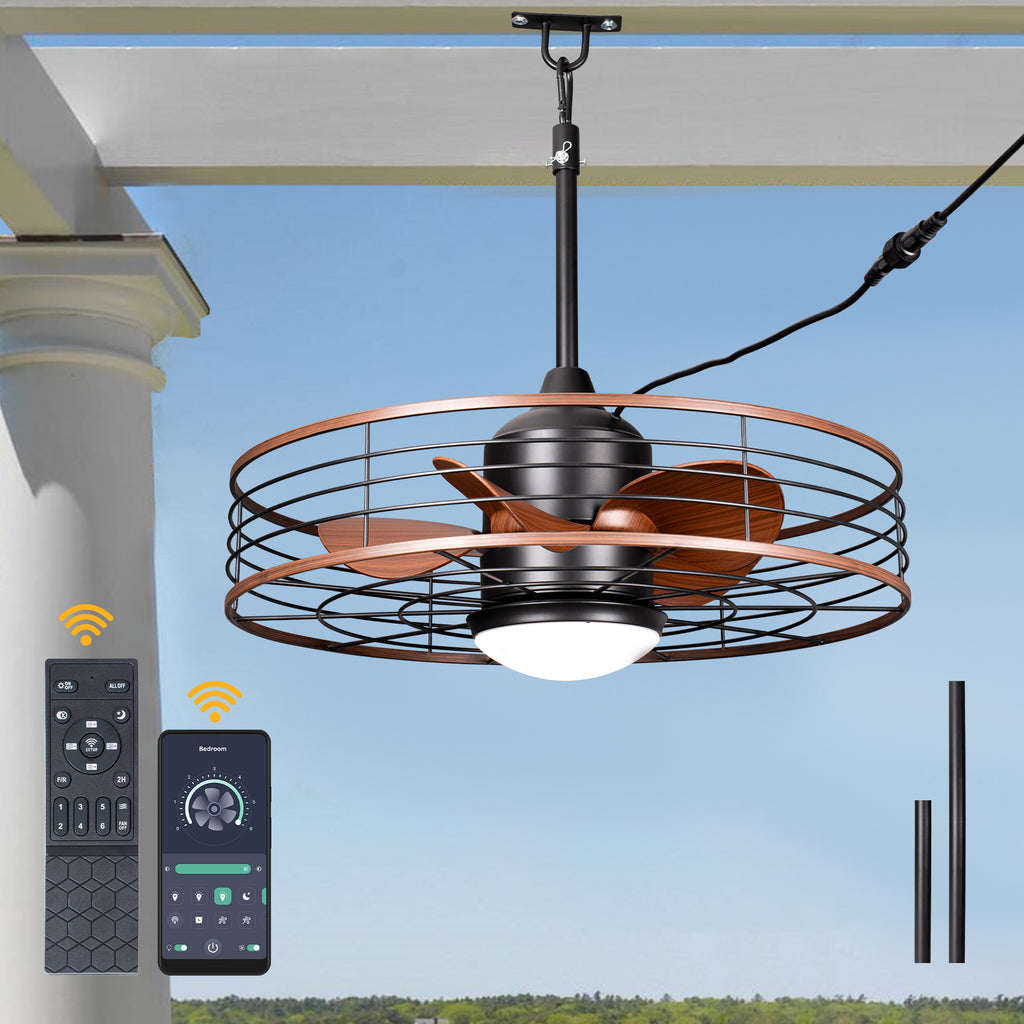 23.6 Inch Black Outdoor Dimmable Ceiling Fan with LED Light and Remote, Farmhouse Reversible 6 Speeds Quiet DC Motor Caged Ceiling Fan for Patio