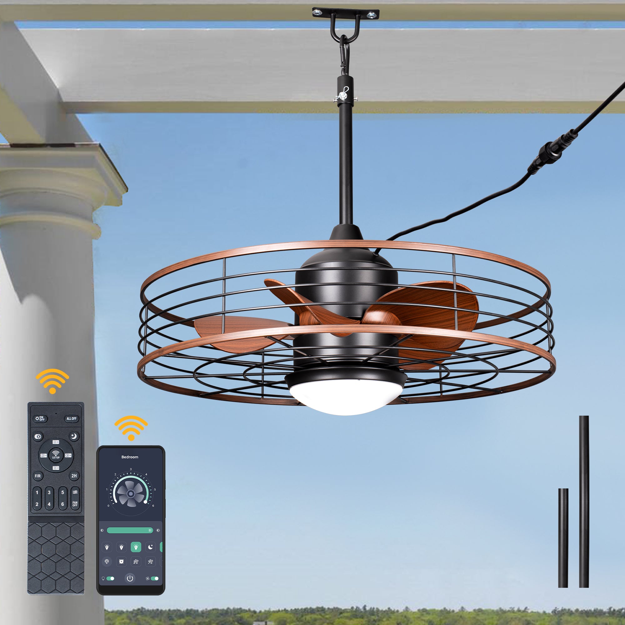 23.6 Inch Black Outdoor Dimmable Ceiling Fan with LED Light and Remote, Farmhouse Reversible 6 Speeds Quiet DC Motor Caged Ceiling Fan for Patio