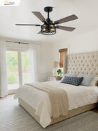 Farmhouse 46 Inch Metal Caged Ceiling Fan with Light Quiet Reversible DC Motor with  Remote Control Ceiling Fan Modern Wood Blades Ceiling Fan with Light Suit for Living room, Bedroom, Kitchen