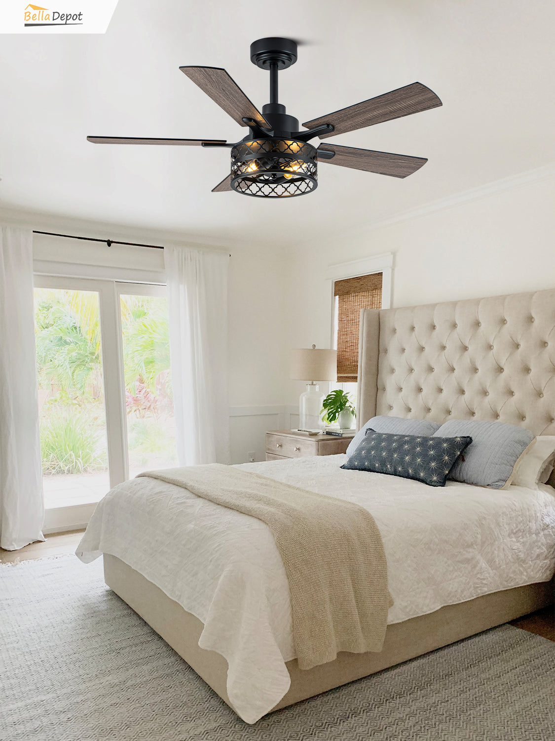 Farmhouse 46 Inch Metal Caged Ceiling Fan with Light Quiet Reversible DC Motor with  Remote Control Ceiling Fan Modern Wood Blades Ceiling Fan with Light Suit for Living room, Bedroom, Kitchen