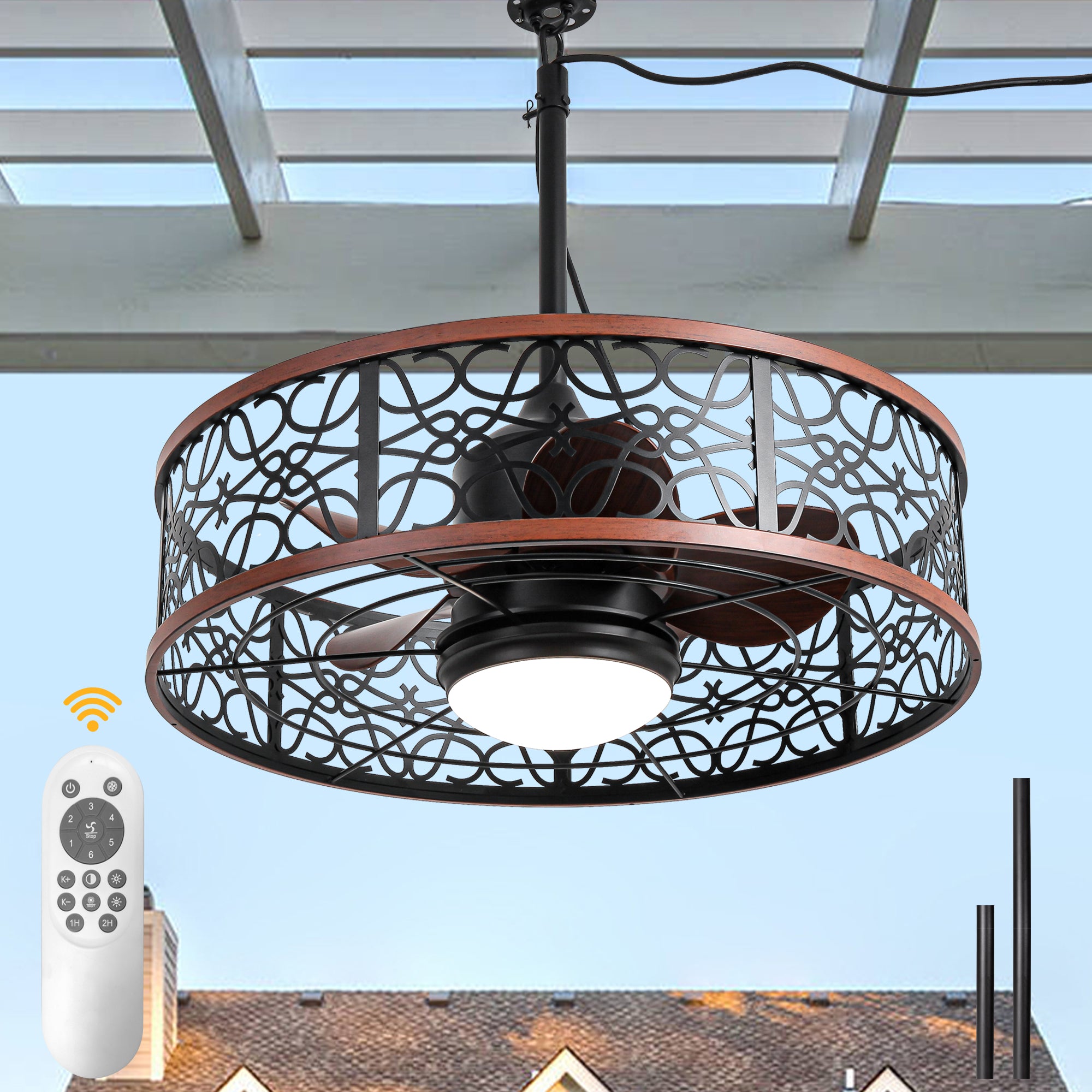 HW2310-GED-BellaDepot 24" Outdoor Iron Carving Caged Ceiling Fan with Remote Control, DC Motor 6 Speeds Fan with LED Lights