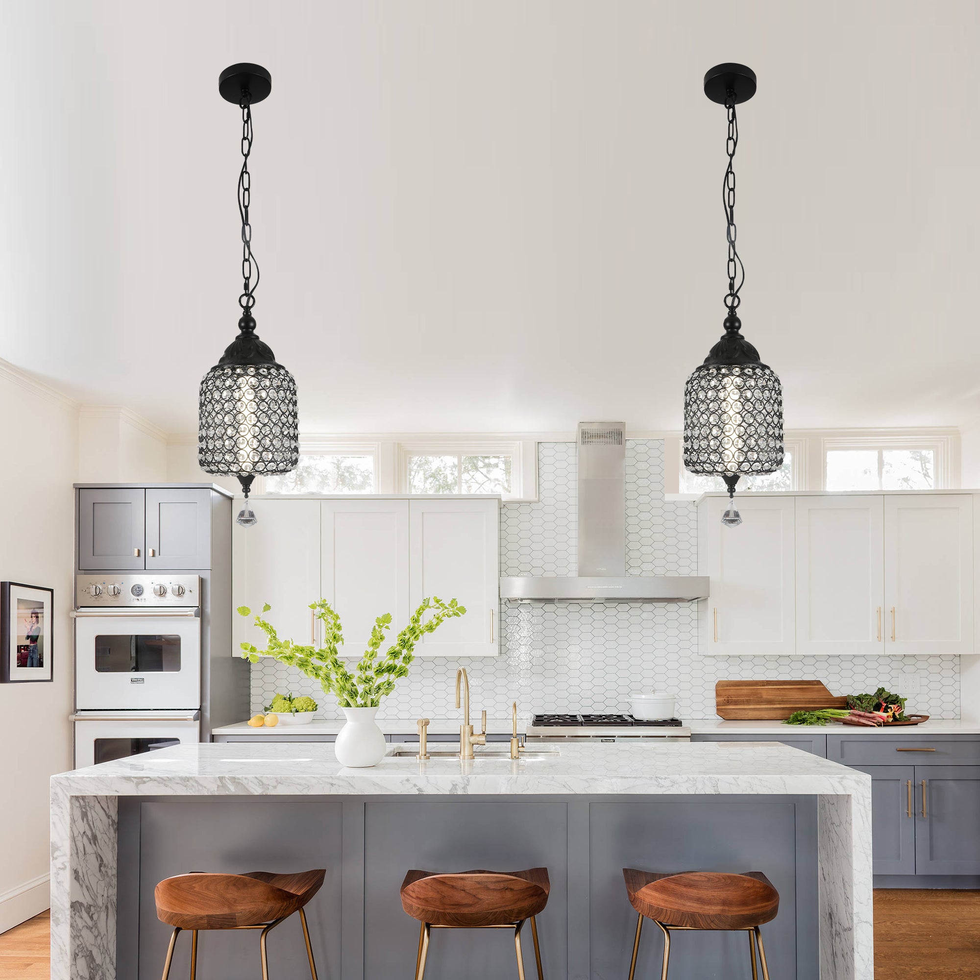 FC4074-BellaDepot LED Black/Silver Finish Modern Crystal Chandelier, Height Adjustable Geometric Pendant Light