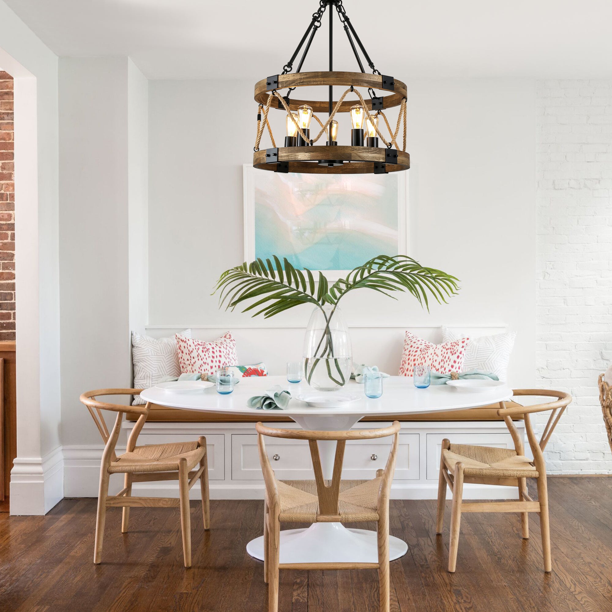 FC4116-BellaDepot 5 Lights Geometric Wood Chandelier, Height Adjustable Home Decoration Pendant Light