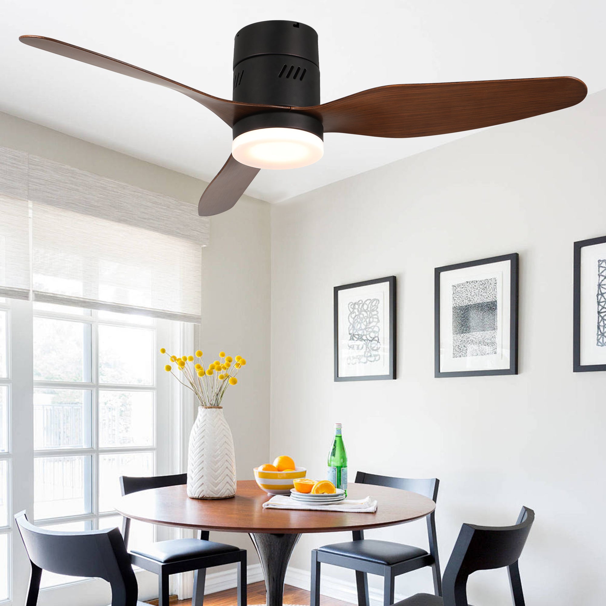 DC4601GED-BellaDepot 46" 3 Blades Simple Modern Flush Mounted Reversible Ceiling Fan with Remote and LED Light Kit Included, 6-speed Dimmable Ceiling Fan