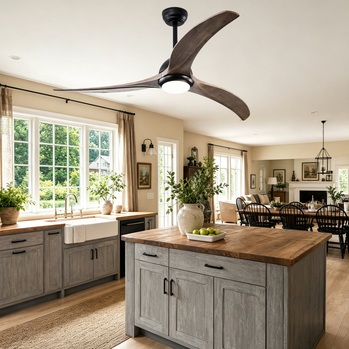 52 Inch Modern Farmhouse Matte Black Solid Wood Blade Ceiling Fan with Lights & Remote Control, 6 Speed DC Motor Reversible Ceiling Fan