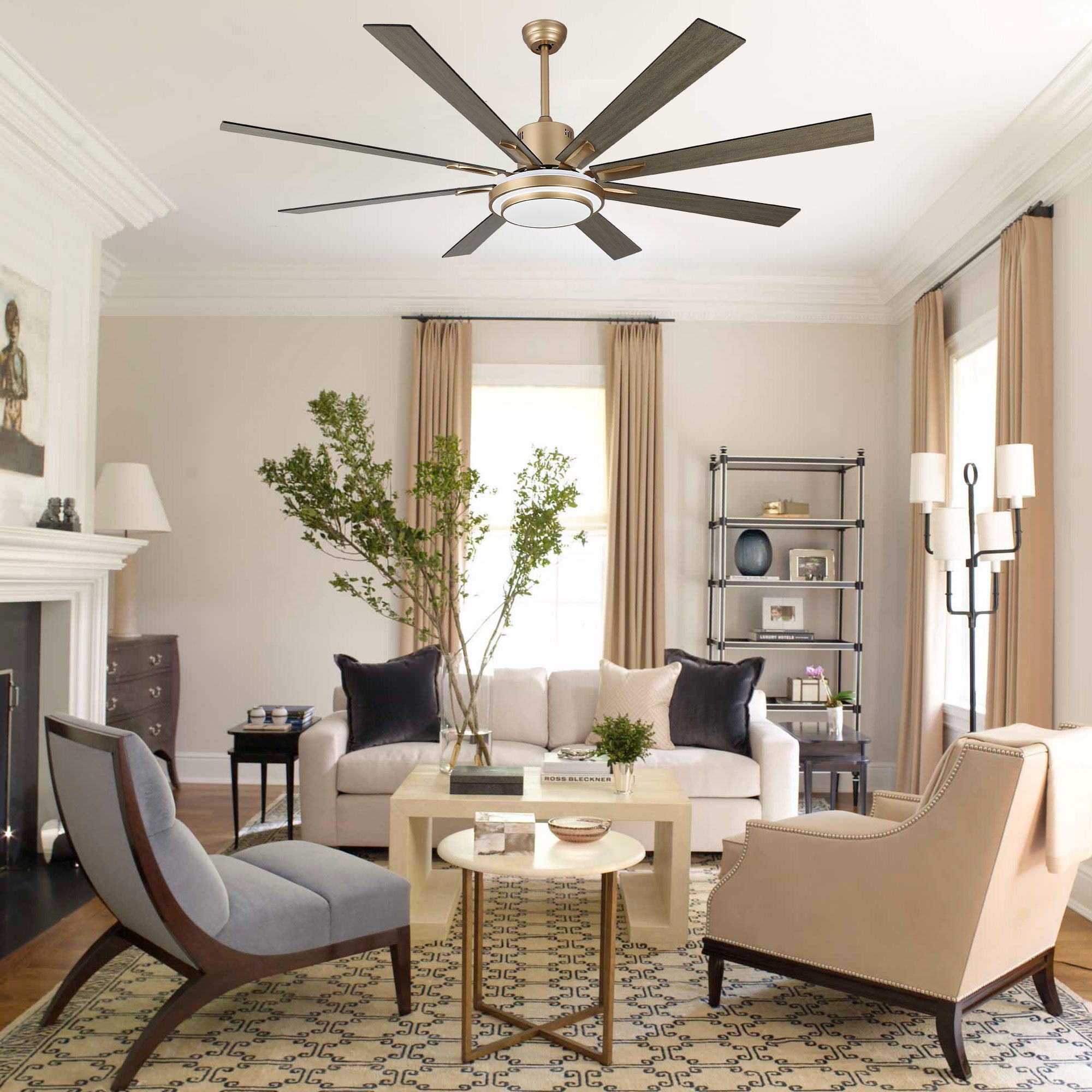 DC7206-BellaDepot 72" Black/Silver/Gold Finish Modern Urban Wood Reversible Ceiling Fan with Remote and LED Light Kit Included, Large Size Ceiling Fan