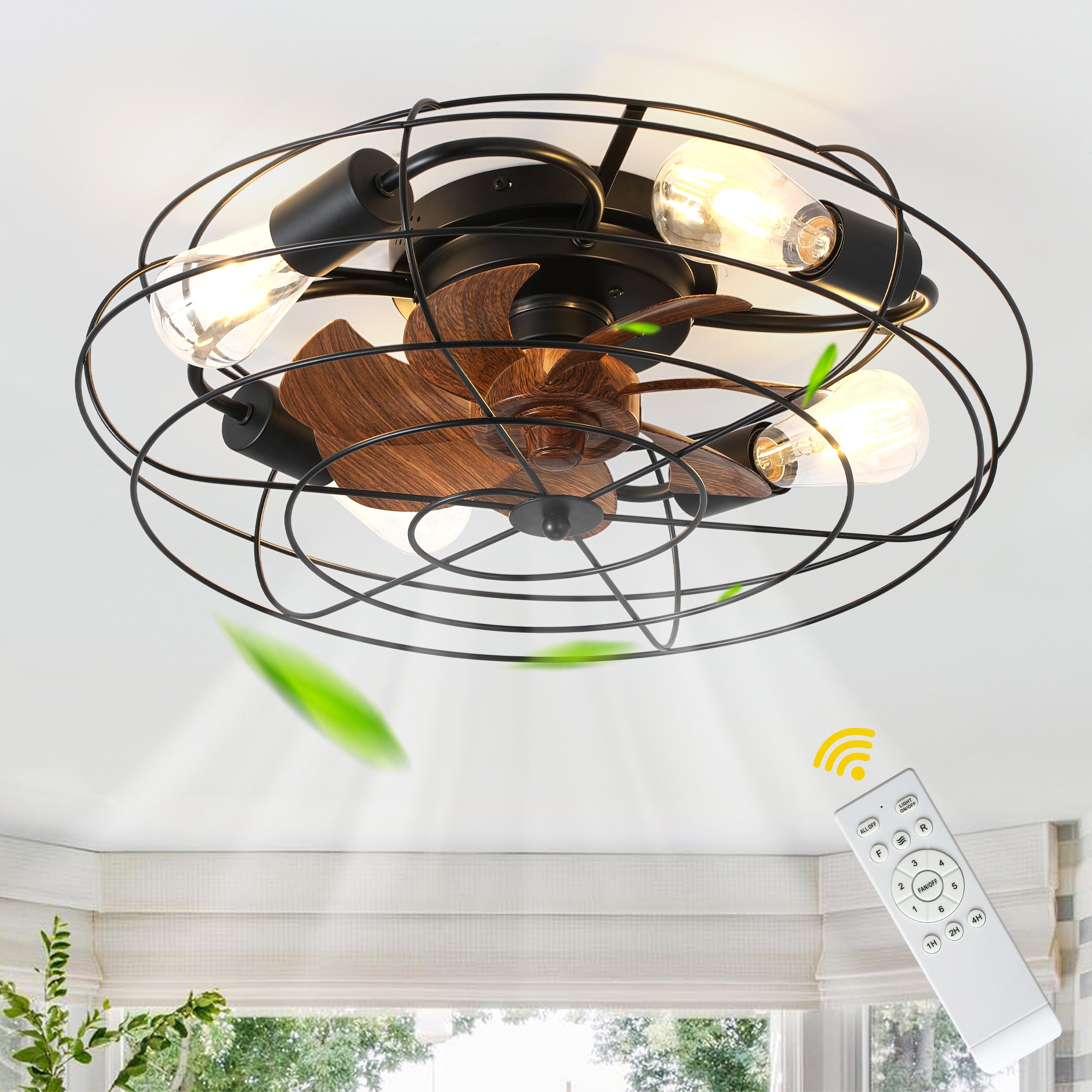 20 Inch Farmhouse Industrial Flush Mount Ceiling Fan with Lights and Remote, 6 Speeds DC Motor Bladeless Caged Ceiling Fan for Bedroom